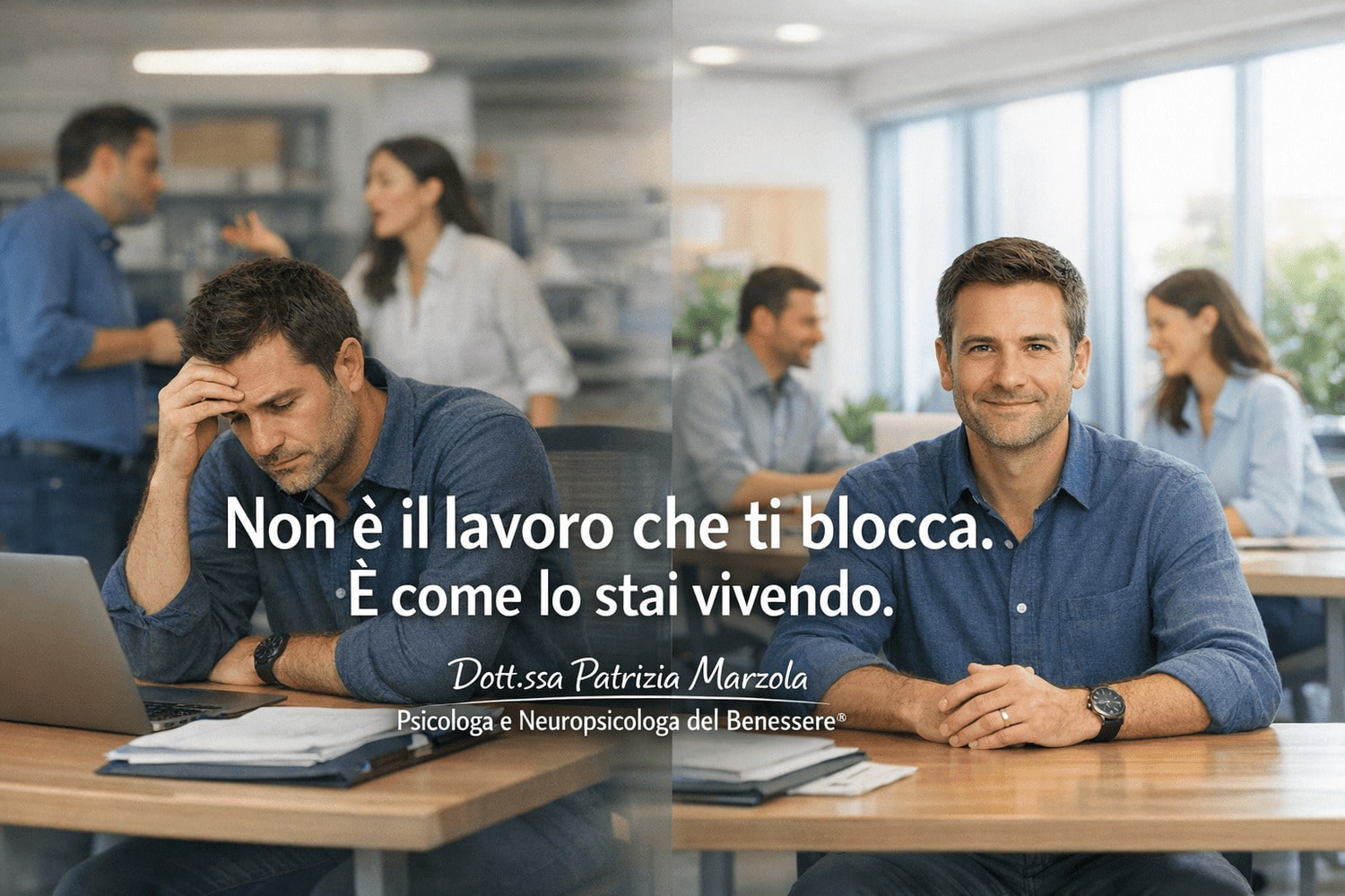 Difficoltà lavorative: persona in ufficio che passa da stress e confusione a maggiore chiarezza e sicurezza nelle relazioni professionali