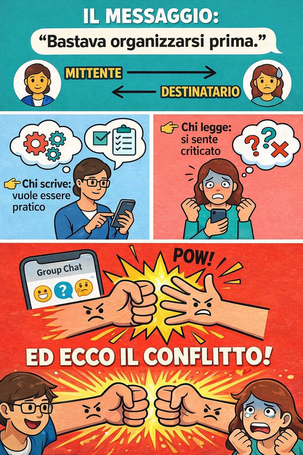 Fraintendimento nella chat di classe: come nasce un conflitto Esempio di chat di classe WhatsApp: un messaggio scritto con intento pratico viene interpretato come critica, mostrando come nascono fraintendimenti e conflitti nella comunicazione scritta