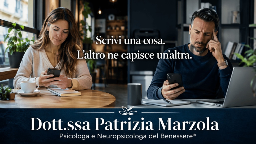 Metodi di comunicazione efficace: una persona scrive un messaggio mentre un’altra lo legge e lo interpreta diversamente, mostrando come nascono i fraintendimenti nelle relazioni