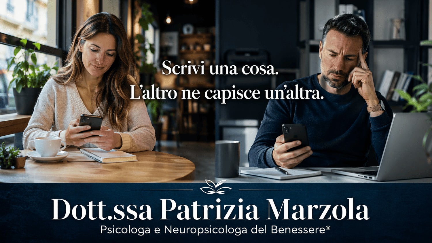Metodi di comunicazione efficace: fraintendimenti nella comunicazione scritta Metodi di comunicazione efficace: una persona scrive un messaggio mentre un’altra lo legge e lo interpreta diversamente, mostrando come nascono i fraintendimenti nelle relazioni
