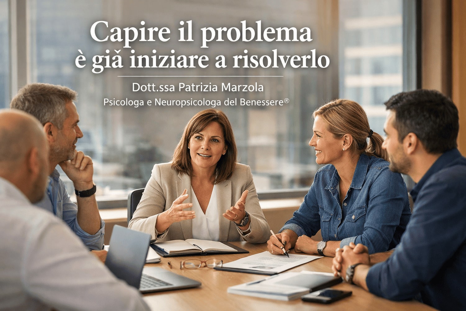 Valutazione stress lavoro aziende e miglioramento del clima interno Valutazione stress lavoro aziende: migliorare comunicazione e clima interno con un team in riunione