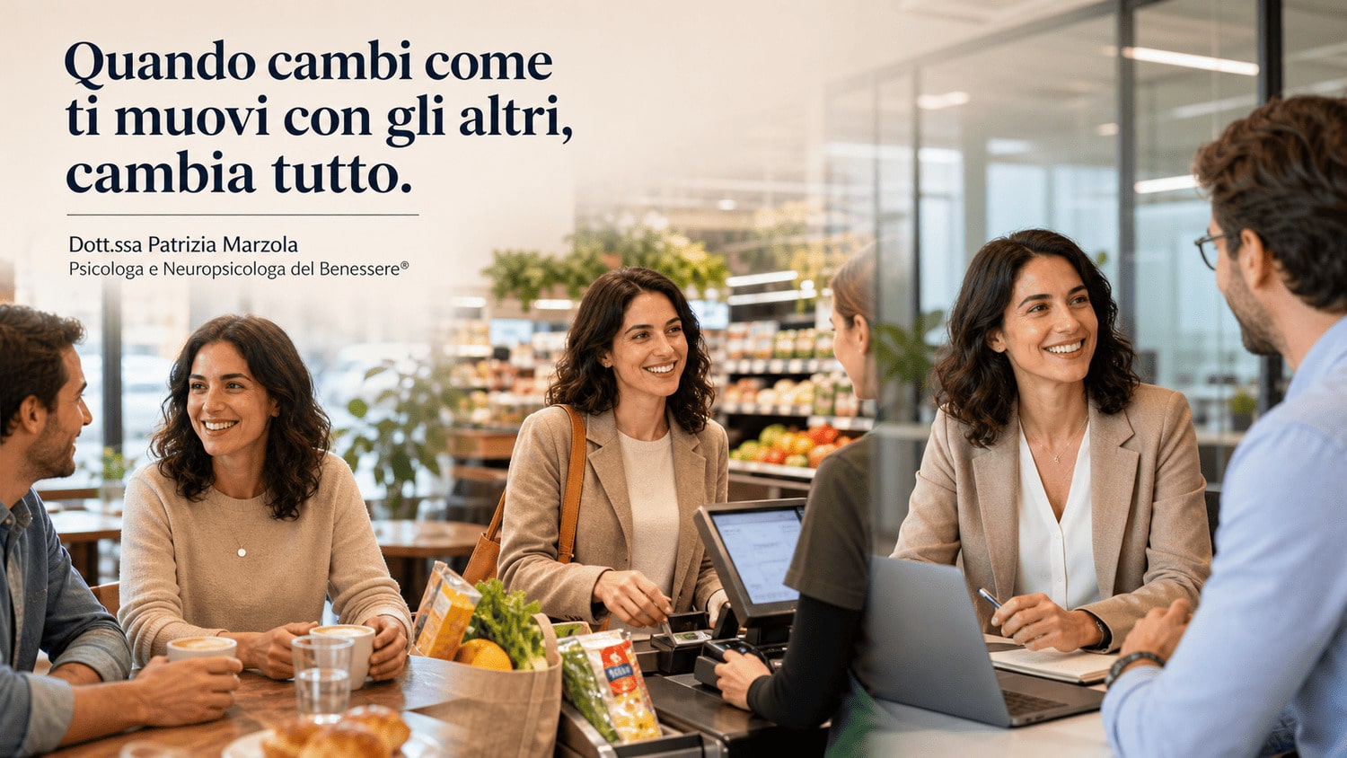 Ansia sociale: come sentirsi più sicuri nelle relazioni nella vita quotidiana Persona che supera l’ansia sociale in diverse situazioni quotidiane: con amici, al supermercato e al lavoro, mostrando sicurezza nelle relazioni