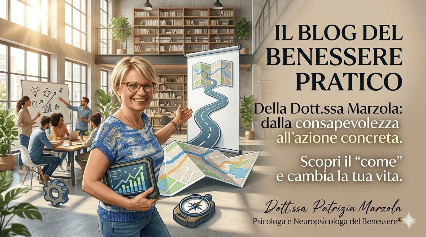 Blog di psicologia e benessere pratico – Dott.ssa Marzola La Dott.ssa Patrizia Marzola presenta il suo Blog di psicologia e benessere pratico. La professionista è raffigurata con occhiali rossi e maglia blu e bianca in un ambiente dinamico e luminoso mentre mostra una mappa e un percorso verso il cambiamento. L'immagine include il testo: 'Il Blog del Benessere Pratico della Dott.ssa Marzola: dalla consapevolezza all'azione concreta. Scopri il come e cambia la tua vita.'