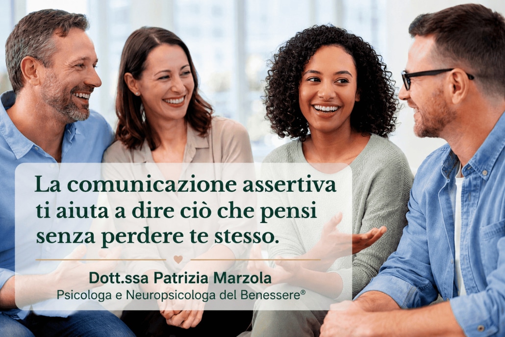 Comunicazione assertiva tra persone che parlano serenamente in gruppo – Dott.ssa Patrizia Marzola Psicologa e Neuropsicologa del Benessere®