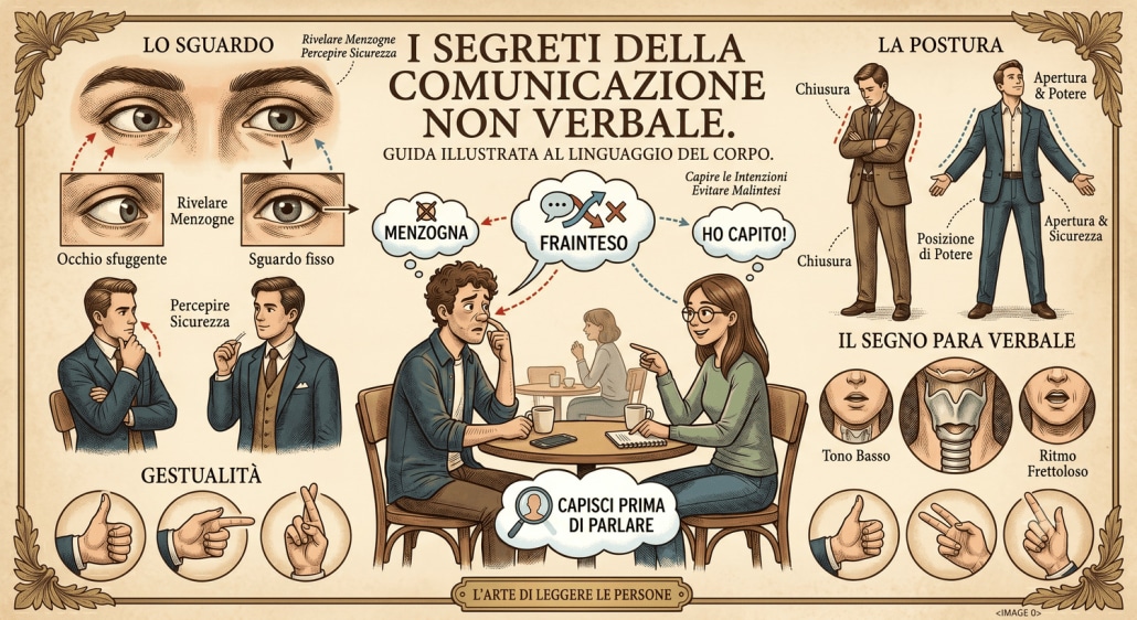 Infografica illustrata in stile vintage sul linguaggio del corpo, con sezioni su sguardo, postura e gesti. Mostra esempi di menzogna, fraintendimento e sicurezza nella comunicazione non verbale.