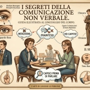 Infografica illustrata in stile vintage sul linguaggio del corpo, con sezioni su sguardo, postura e gesti. Mostra esempi di menzogna, fraintendimento e sicurezza nella comunicazione non verbale.