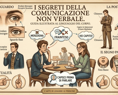 Infografica illustrata in stile vintage sul linguaggio del corpo, con sezioni su sguardo, postura e gesti. Mostra esempi di menzogna, fraintendimento e sicurezza nella comunicazione non verbale.