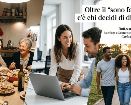 Persone reali che vivono momenti di benessere in famiglia, sul lavoro e con amici, superando le convinzioni che bloccano il cambiamento.