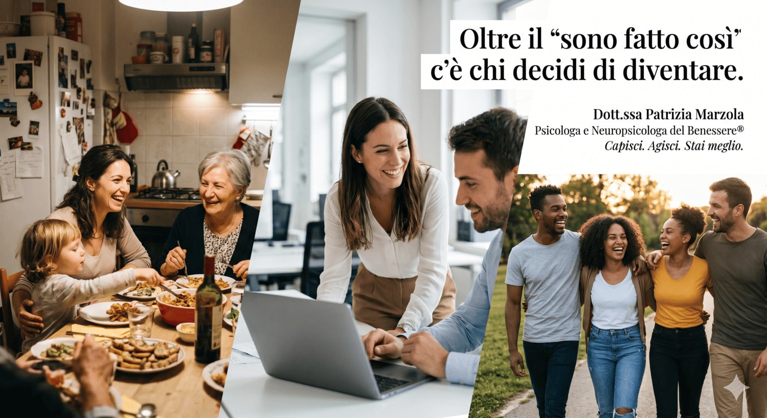 Superare le convinzioni che bloccano il cambiamento – Dott.ssa Marzola Persone reali che vivono momenti di benessere in famiglia, sul lavoro e con amici, superando le convinzioni che bloccano il cambiamento.
