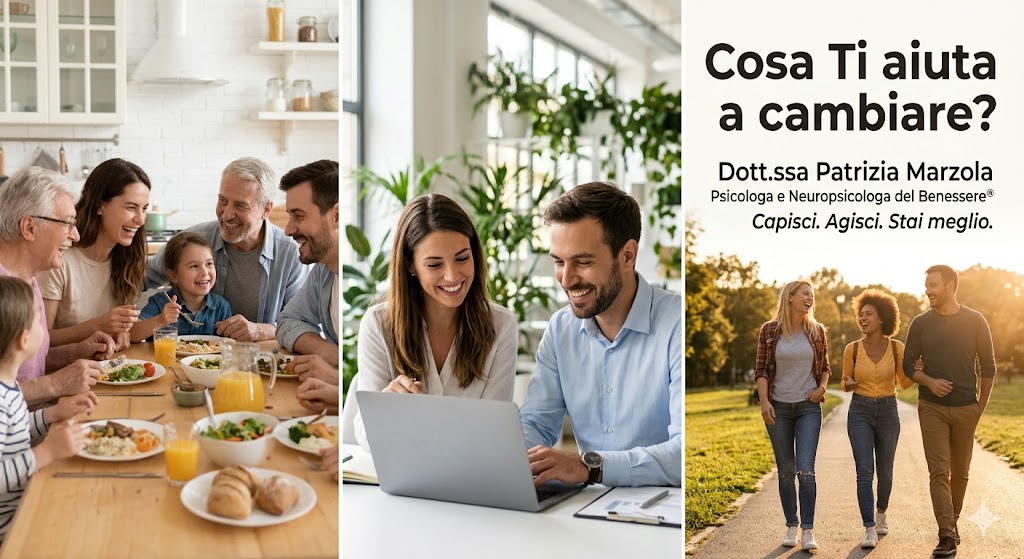 Persone reali che vivono momenti di benessere in famiglia, al lavoro e con amici, scoprendo cosa ti aiuta a cambiare e a stare meglio.