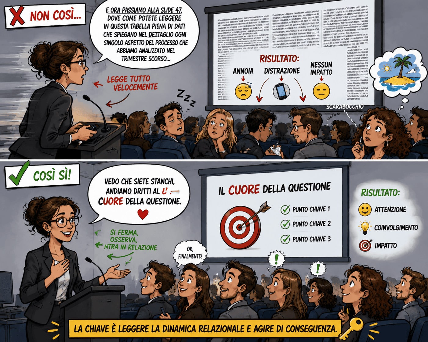 Come creare un discorso efficace leggendo la dinamica relazionale Esempio di discorso efficace: una relatrice migliora attenzione e coinvolgimento leggendo la dinamica relazionale invece di leggere slide piene di test