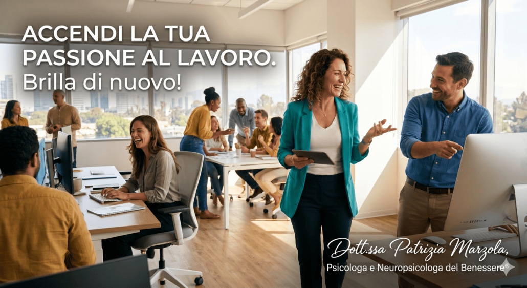 Un gruppo di colleghi sorridenti e dinamici in un ufficio luminoso, metafora visiva di chi è riuscito a ritrovare la motivazione al lavoro con energia.