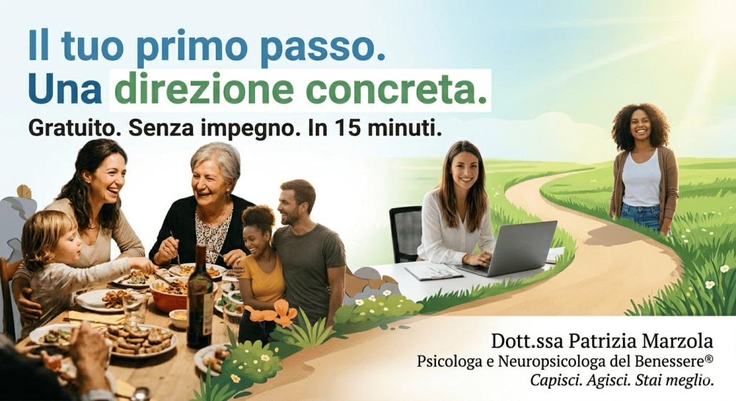 Come prendere appuntamento. Un collage di persone sorridenti e rilassate (coppie e una professionista al laptop) che rappresentano il benessere. Include il testo: "Il tuo primo passo. Una direzione concreta. Gratuito. Senza impegno. In 15 minuti.". Firma: "Dott.ssa Patrizia Marzola. Psicologa e Neuropsicologa del Benessere®.". L'immagine mostra come fare il primo passo nel percorso psicologico a Fidenza.