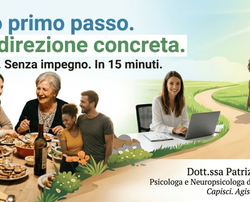 Come prendere appuntamento. Un collage di persone sorridenti e rilassate (coppie e una professionista al laptop) che rappresentano il benessere. Include il testo: "Il tuo primo passo. Una direzione concreta. Gratuito. Senza impegno. In 15 minuti.". Firma: "Dott.ssa Patrizia Marzola. Psicologa e Neuropsicologa del Benessere®.". L'immagine mostra come fare il primo passo nel percorso psicologico a Fidenza.