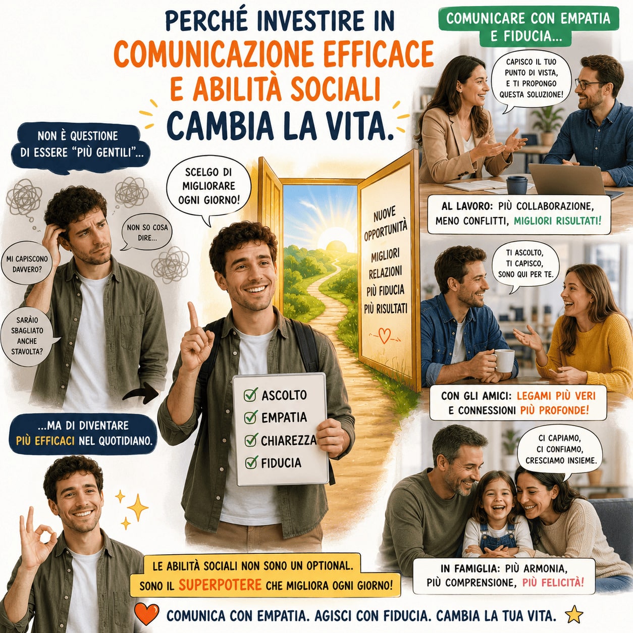 Comunicazione efficace e abilità sociali: come migliorare le relazioni nella vita quotidiana Illustrazione che mostra come comunicazione efficace e abilità sociali aiutano a migliorare relazioni, lavoro, amicizie e famiglia attraverso ascolto, empatia, fiducia e chiarezza.