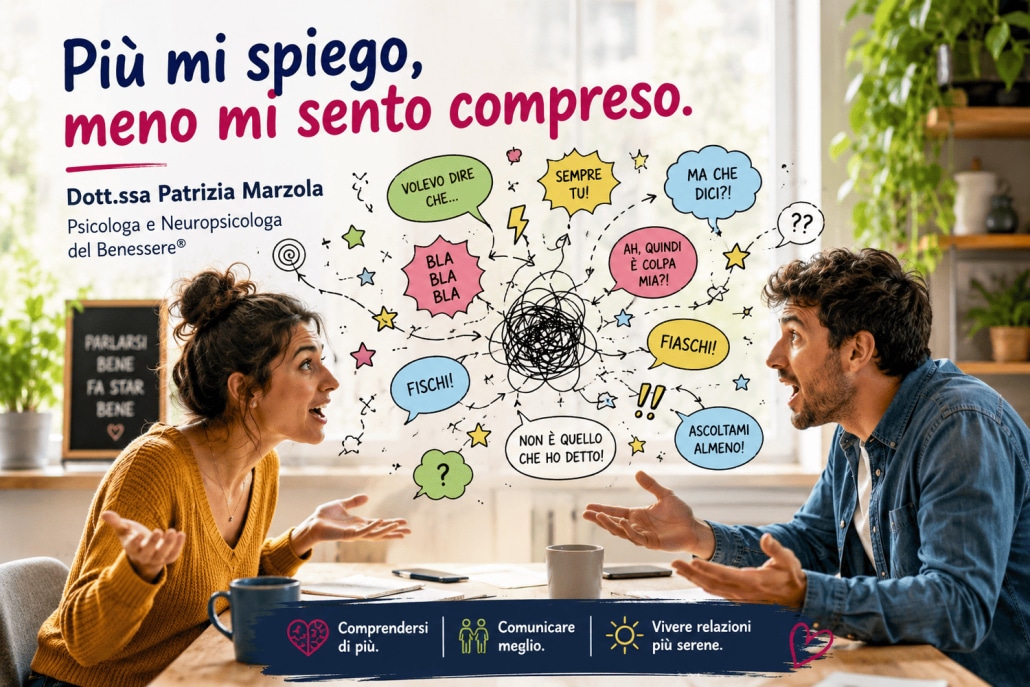 Due persone che cercano di comunicare tra incomprensioni e messaggi confusi. La comunicazione interpersonale aiuta a superare conflitti quotidiani e a farsi capire davve
