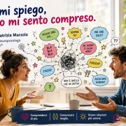 Due persone che cercano di comunicare tra incomprensioni e messaggi confusi. La comunicazione interpersonale aiuta a superare conflitti quotidiani e a farsi capire davve