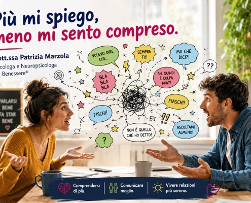 Due persone che cercano di comunicare tra incomprensioni e messaggi confusi. La comunicazione interpersonale aiuta a superare conflitti quotidiani e a farsi capire davve