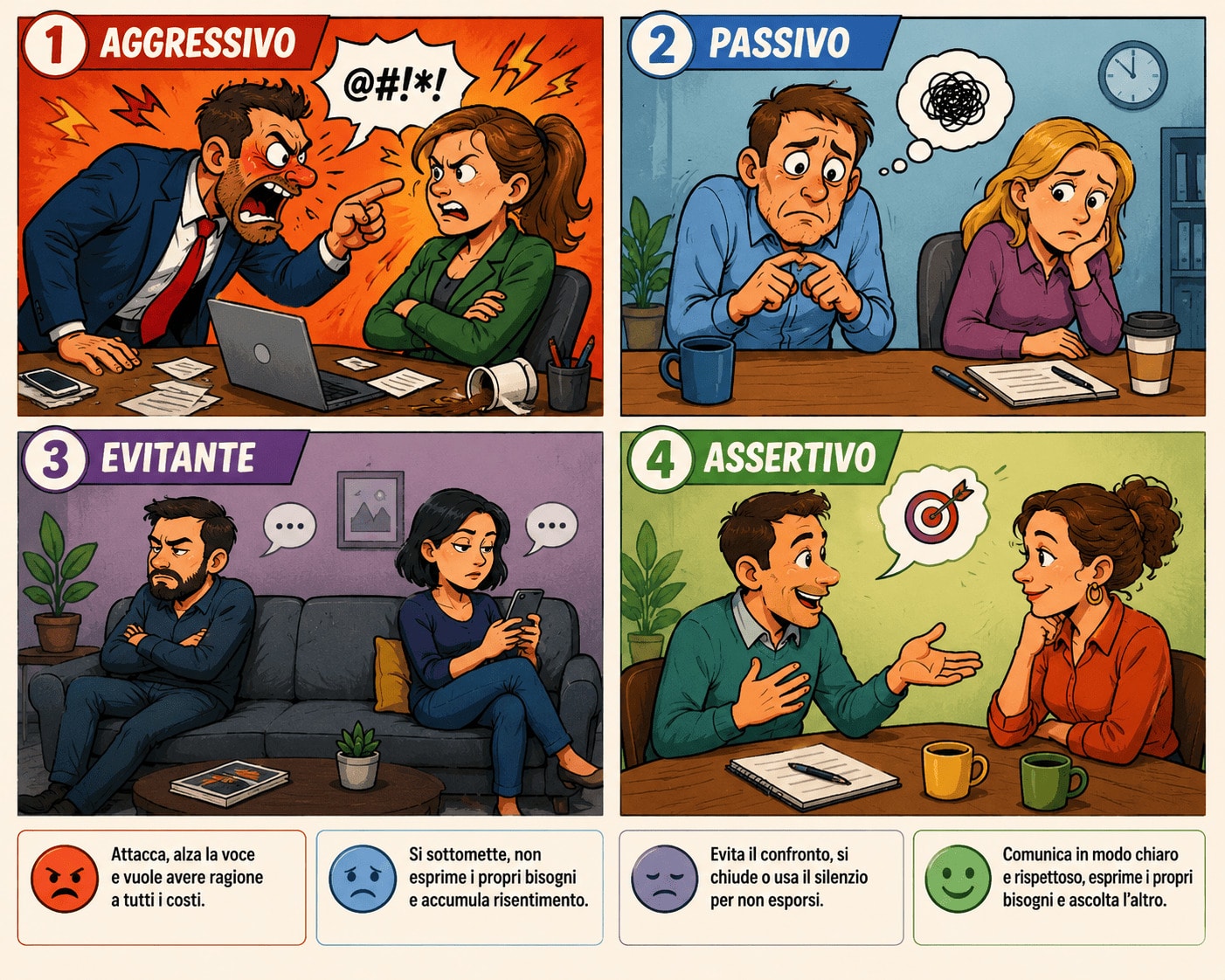 Vignetta che mostra i quattro stili comunicativi nei rapporti interpersonali: aggressivo, passivo, evitante e assertivo per comprendere come superare i conflitti.