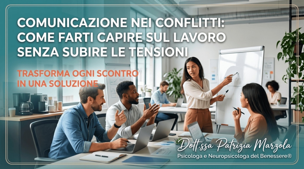 Gruppo di colleghi durante una riunione di lavoro mentre comunicano in modo collaborativo. Immagine dedicata alla comunicazione nei conflitti e alla gestione delle tensioni sul lavoro.