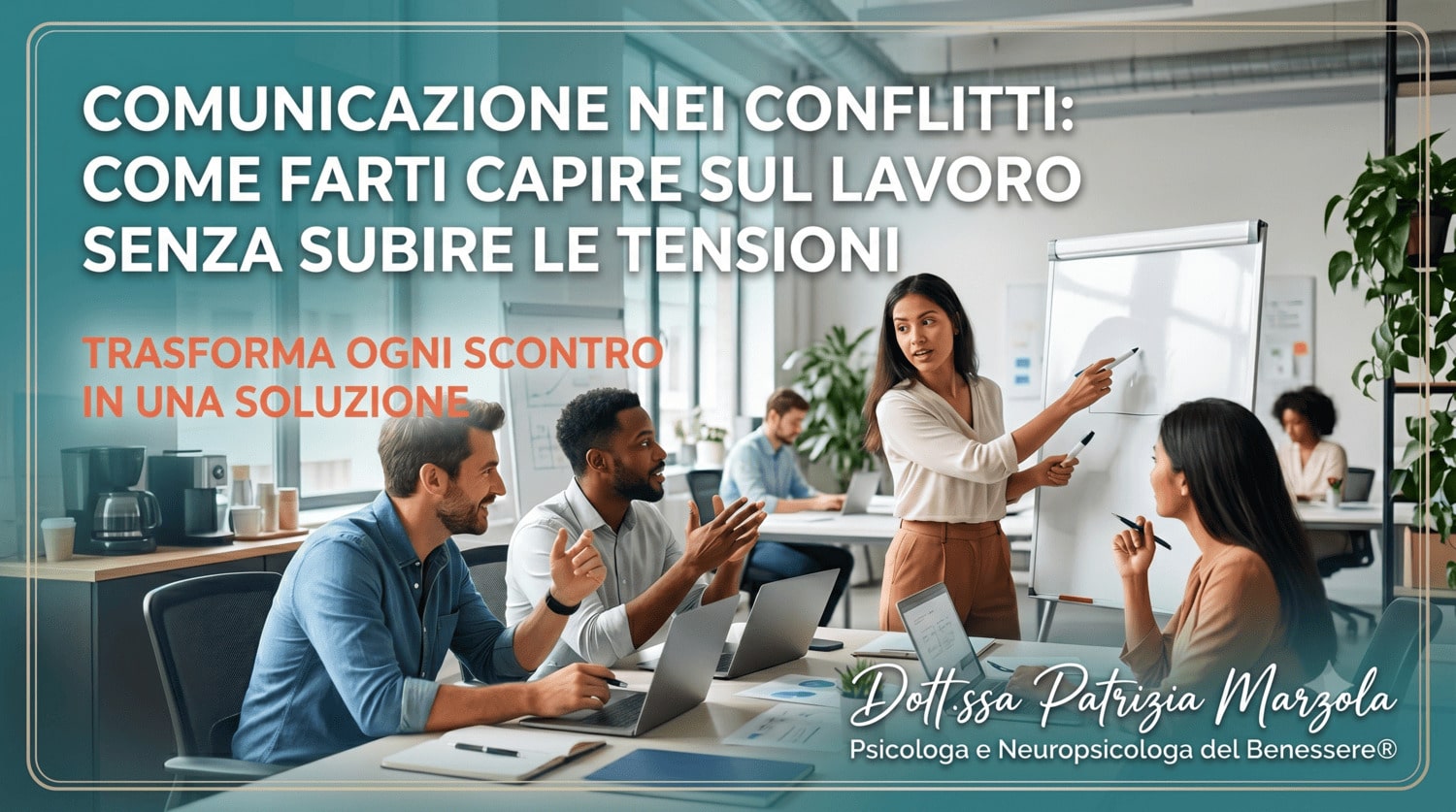 Comunicazione nei conflitti: come farti capire sul lavoro senza subire le tensioni Gruppo di colleghi durante una riunione di lavoro mentre comunicano in modo collaborativo. Immagine dedicata alla comunicazione nei conflitti e alla gestione delle tensioni sul lavoro.
