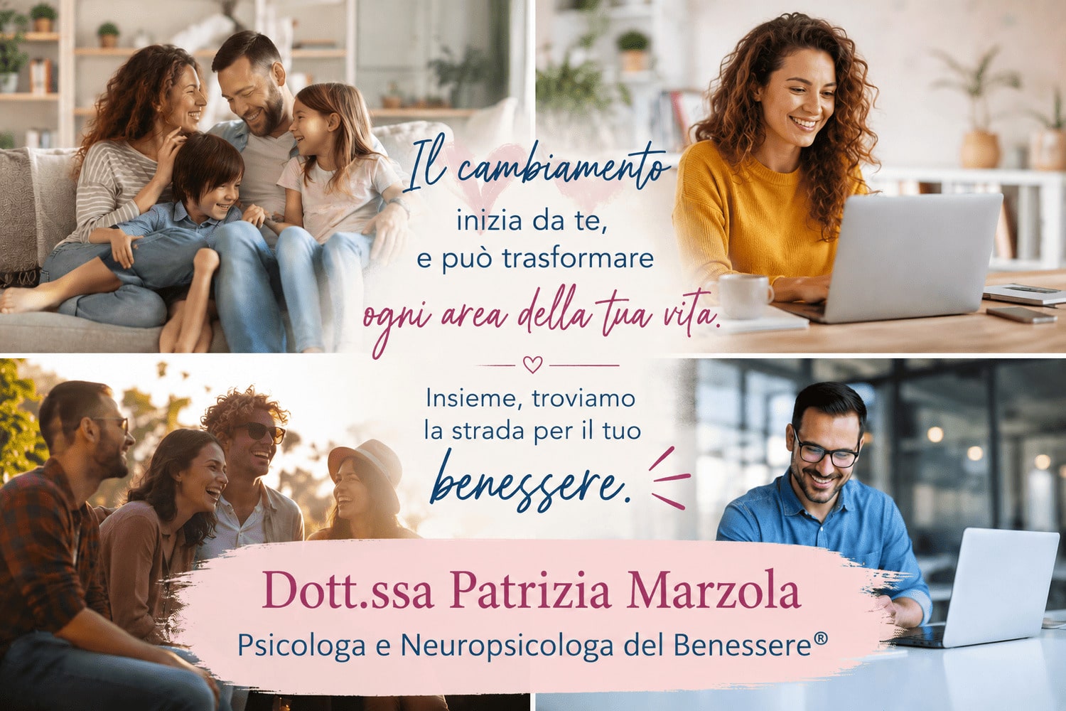 Consulenza individuale per ritrovare equilibrio e benesser Persone serene in famiglia, con amici e al lavoro. La consulenza individuale aiuta a ritrovare equilibrio, benessere e sicurezza nelle relazioni quotidiane. Dott.ssa Patrizia Marzola Psicologa e Neuropsicologa del Benessere®