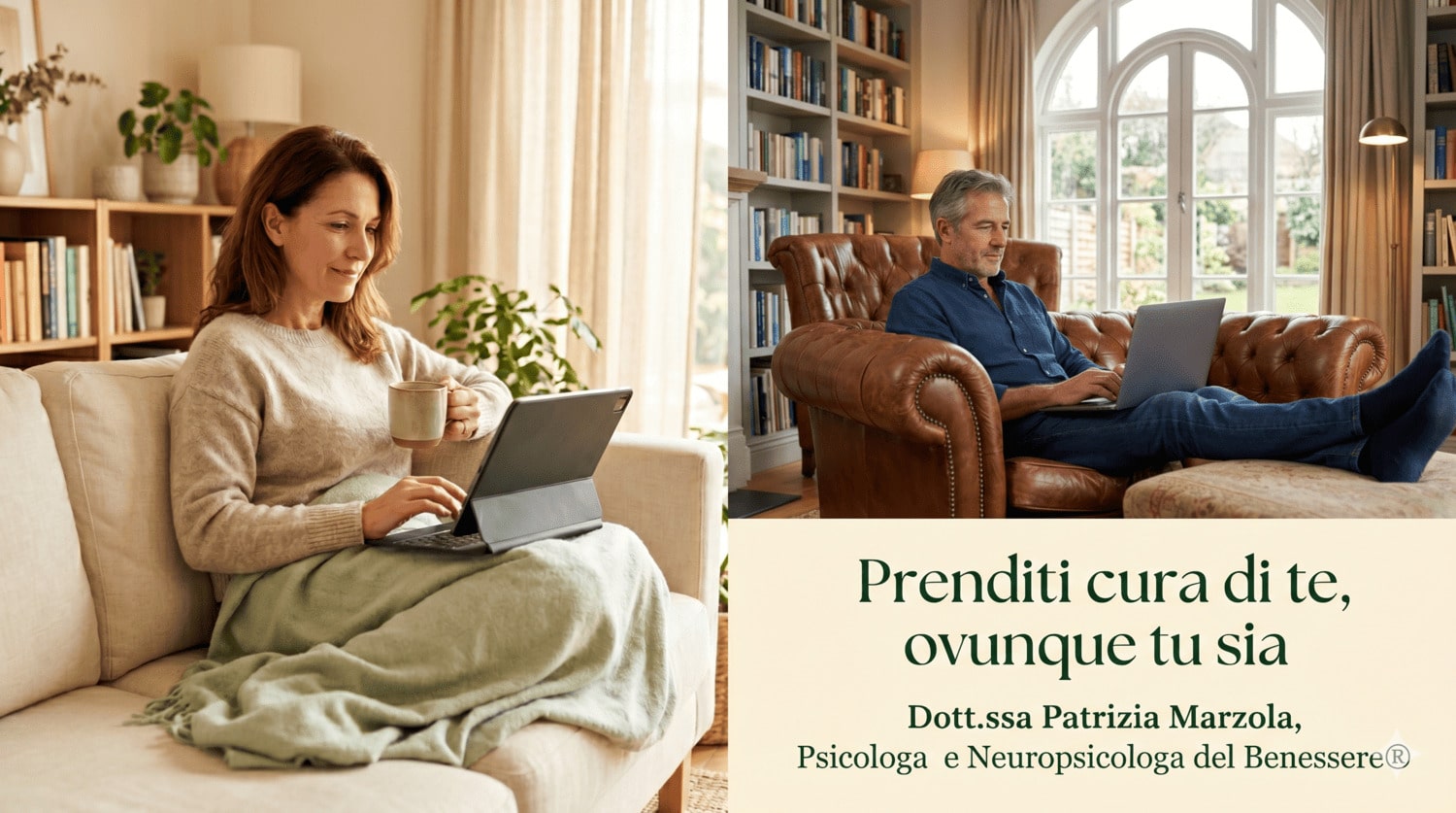 Consulenza psicologica online | Dott.ssa Patrizia Marzola Donna e uomo nelle proprie abitazioni durante una consulenza psicologica online con la Dott.ssa Patrizia Marzola, in un ambiente sereno e accogliente.