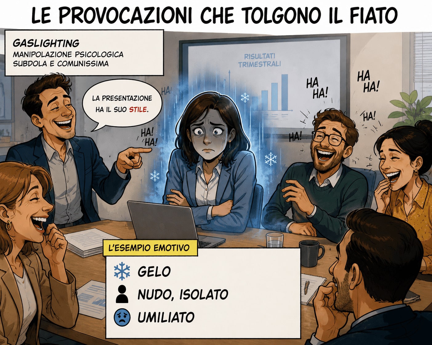 Frasi per rispondere alle provocazioni: riconoscere il gaslighting sul lavoro Collega che provoca con una battuta ironica durante una riunione mentre una collega si sente umiliata e isolata. Esempio di gaslighting e provocazioni sul lavoro.