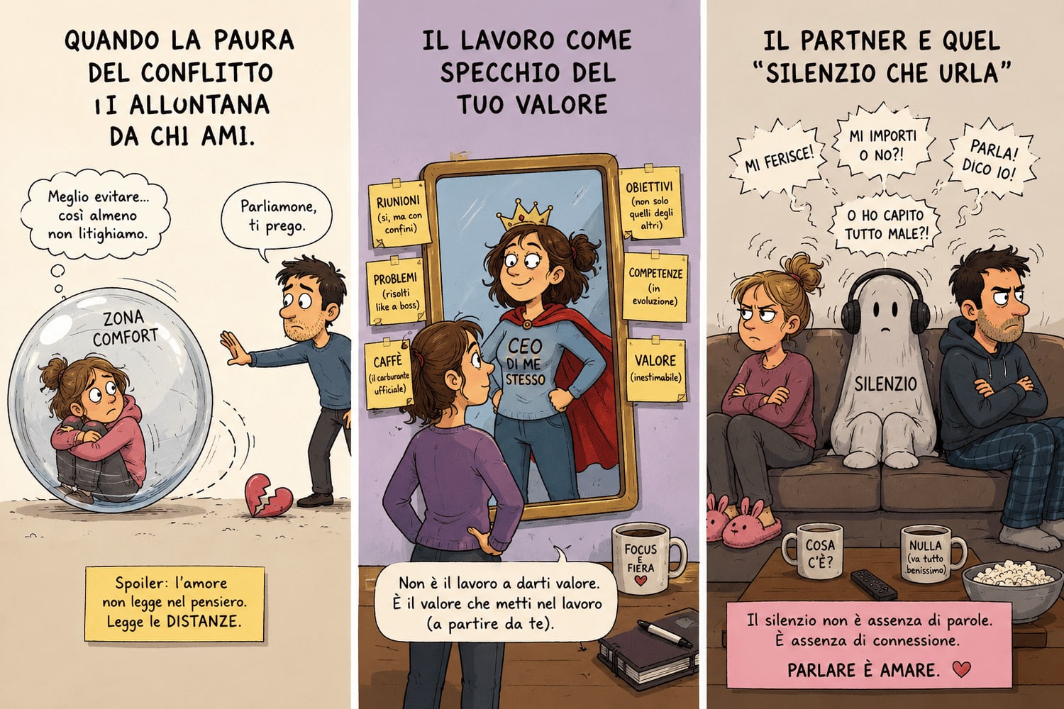 Vignetta psicologica che mostra come la paura del conflitto porti a evitare il confronto, creando distanza emotiva nella coppia, difficoltà relazionali e problemi di comunicazione.