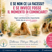 Uomo e donna alle prese con un cambiamento personale, rappresentati con una mappa simbolica e il messaggio motivazionale sulla paura di non farcela e sul coraggio di ricominciare.