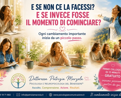 Uomo e donna alle prese con un cambiamento personale, rappresentati con una mappa simbolica e il messaggio motivazionale sulla paura di non farcela e sul coraggio di ricominciare.
