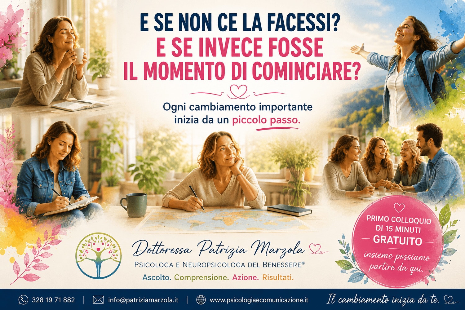 Paura di non farcela: ogni cambiamento inizia da un piccolo passo Uomo e donna alle prese con un cambiamento personale, rappresentati con una mappa simbolica e il messaggio motivazionale sulla paura di non farcela e sul coraggio di ricominciare.