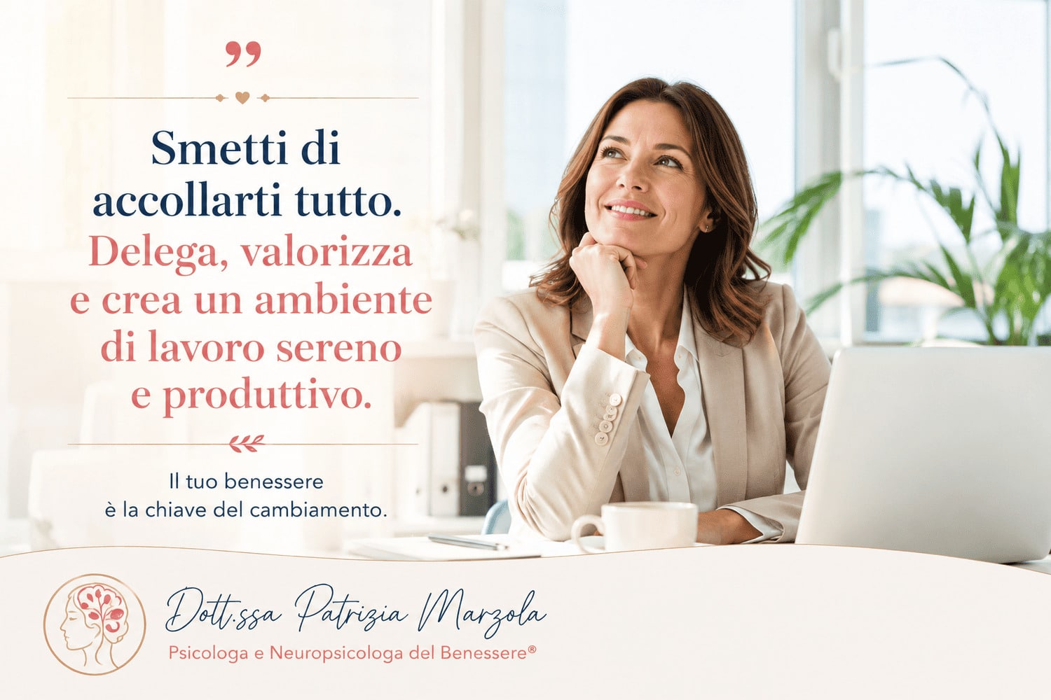 Psicologa relazioni interpersonali: migliorare le relazioni sul lavoro Professionista serena che ha imparato a gestire meglio le relazioni sul lavoro, delegare e creare un ambiente lavorativo più collaborativo grazie a una comunicazione efficace.