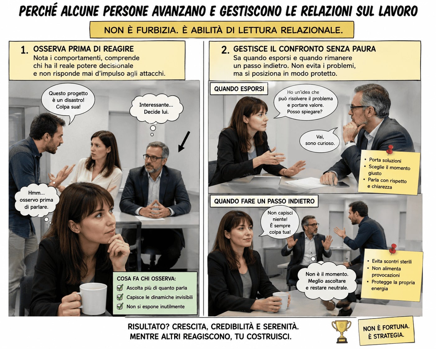 Relazioni sul lavoro: osservare, comprendere e agire con strategia Professionista che osserva le dinamiche aziendali e gestisce il confronto in modo strategico per migliorare le relazioni sul lavoro e ridurre i conflitti.