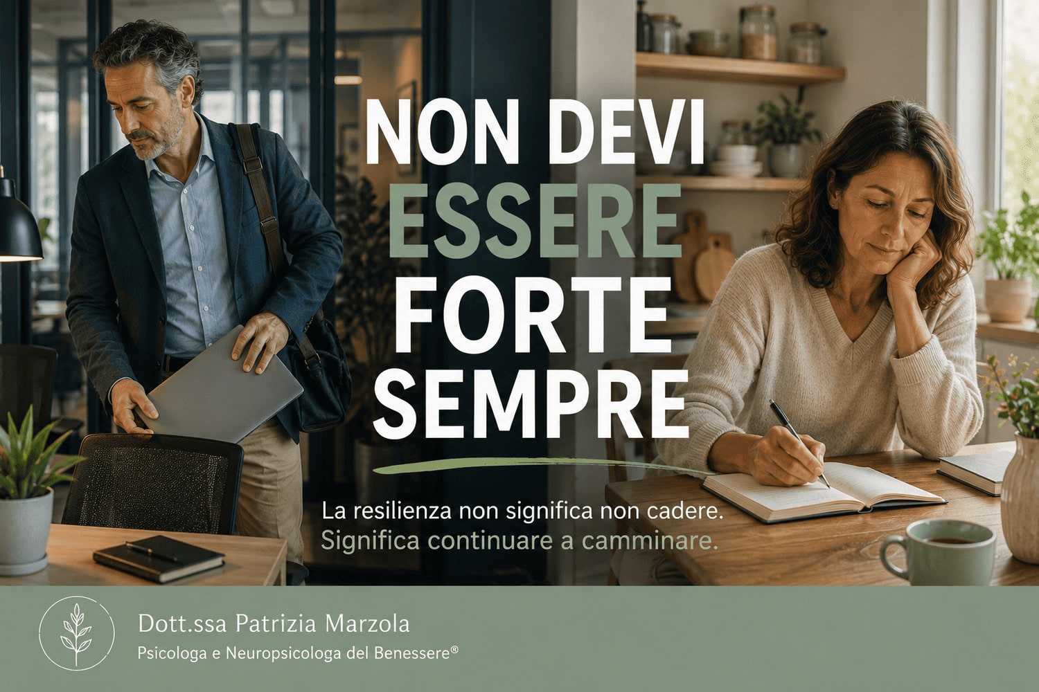 Resilienza: cosa significa quando la vita ti mette alla prova Uomo e donna adulti in contesti di vita quotidiana mentre affrontano un periodo di cambiamento, simbolo di resilienza e capacità di ricominciare.