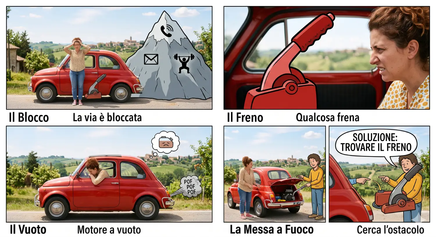 Ritrovare motivazione: scopri cosa ti sta bloccando Illustrazione che mostra come ritrovare la motivazione significhi individuare il blocco che impedisce di andare avanti.