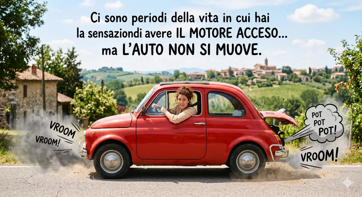 Ritrovare motivazione: il motore è acceso ma qualcosa ti blocca Auto con il motore acceso ma ferma, metafora del sentirsi bloccati quando si cerca di ritrovare la motivazione.