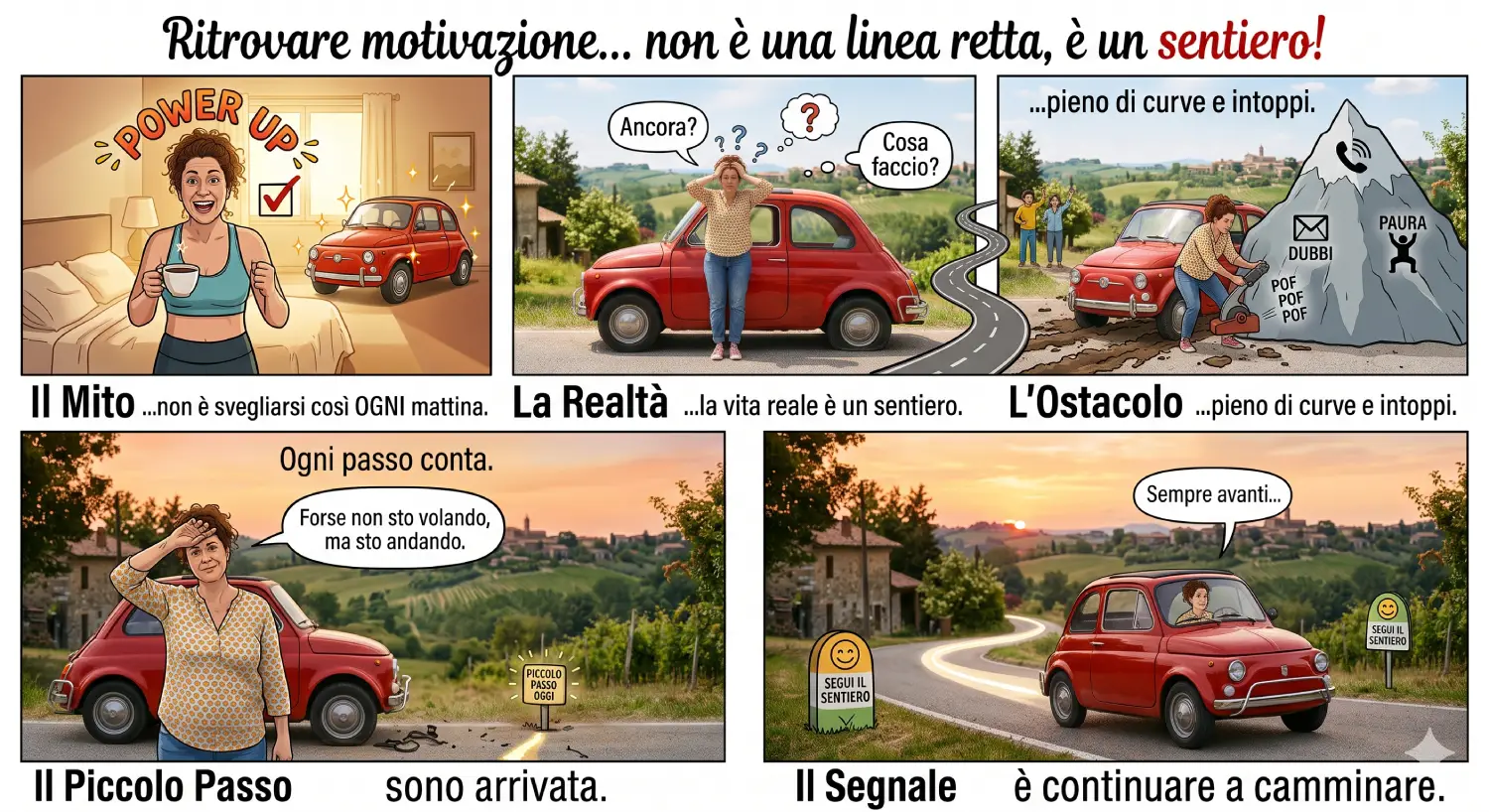 Ritrovare motivazione: il cambiamento è un percorso Illustrazione che mostra il percorso per ritrovare la motivazione attraverso piccoli passi, ostacoli e cambiamento.