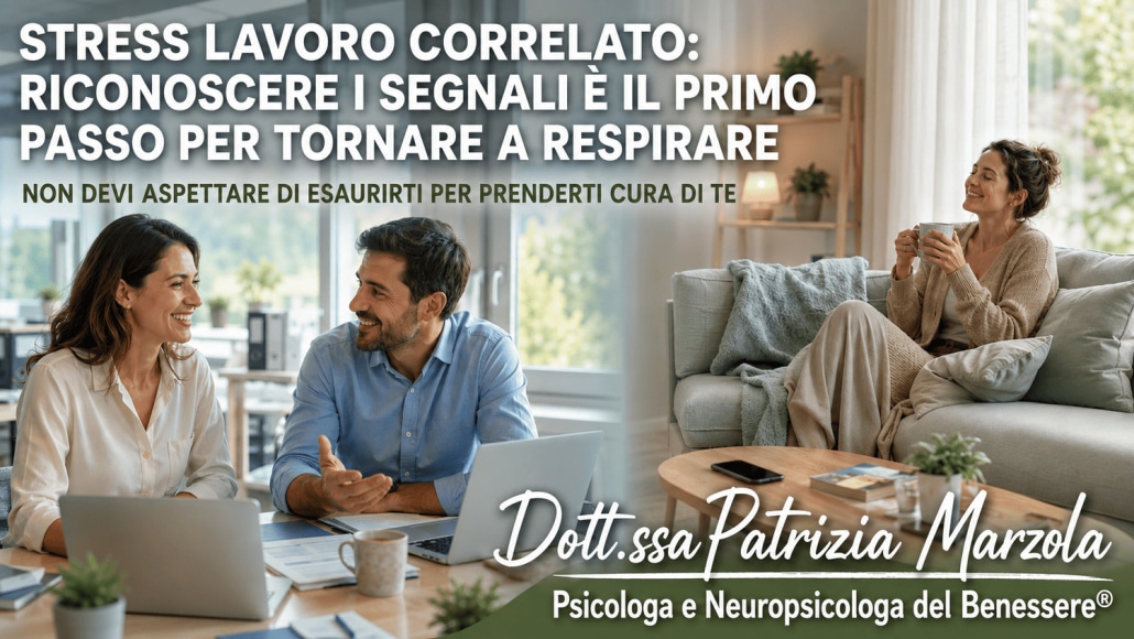 Donna e uomo che collaborano serenamente in ufficio e persona rilassata a casa dopo aver imparato a gestire lo stress lavoro correlato.
