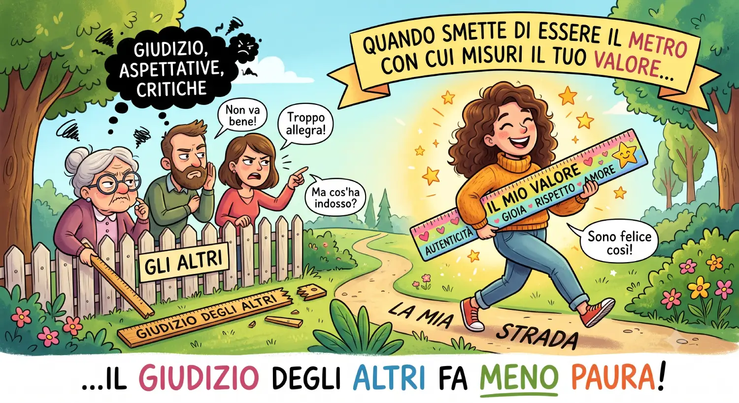 Autostima e valore personale: quando il giudizio degli altri diventa il tuo metro Vignetta che mostra come l'autostima cresce quando il valore personale smette di dipendere dal giudizio, dalle aspettative e dalle critiche degli altri.