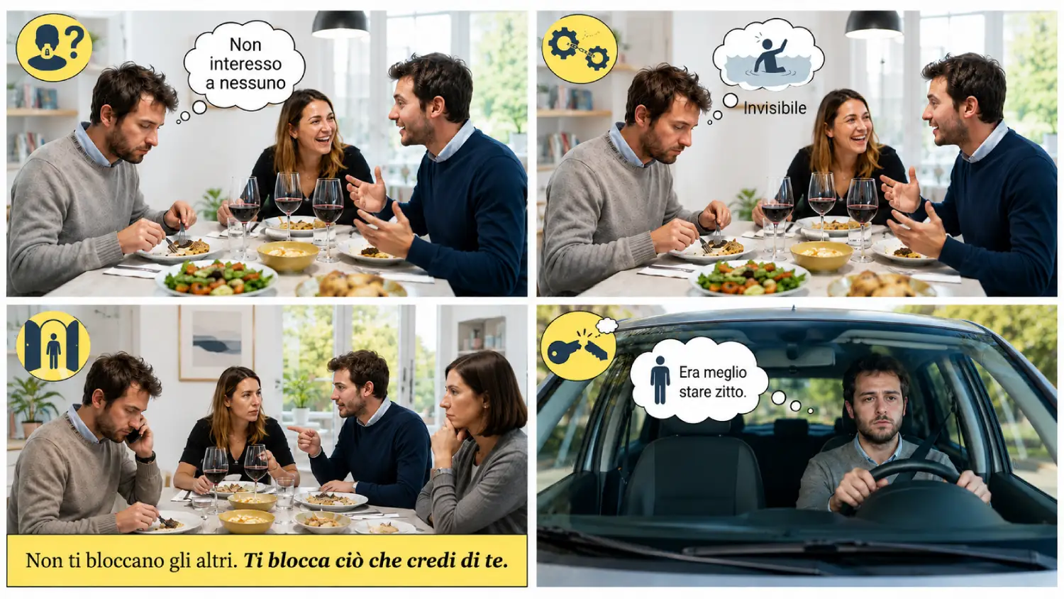 Vignetta che mostra come alzare la propria autostima comprendendo il peso del giudizio degli altri e le convinzioni che influenzano il proprio comportamento. Come alzare la propria autostima: il peso del giudizio degli altri