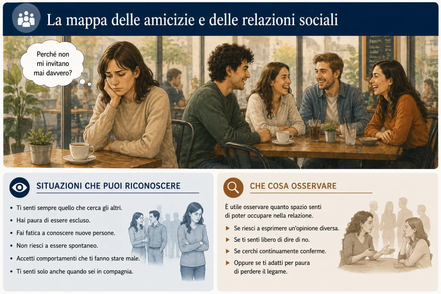 Mappa delle amicizie e delle relazioni sociali Mappa delle amicizie e delle relazioni sociali che rappresenta una persona che si sente esclusa dal gruppo e le dinamiche che influenzano le relazioni sociali.