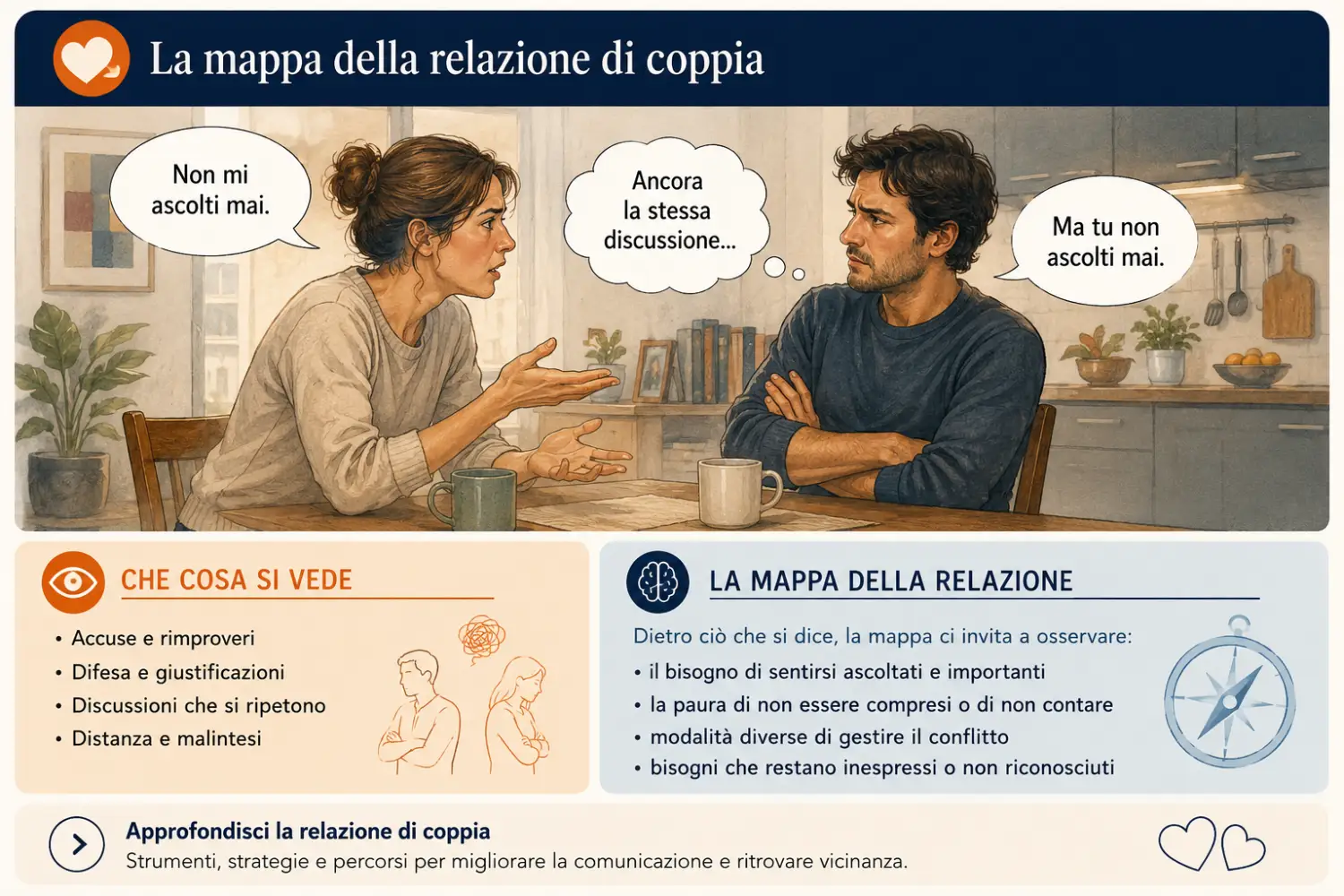 Mappa della relazione di coppia Mappa della relazione di coppia che mostra una discussione tra due partner e le dinamiche psicologiche che possono influenzare la comunicazione.