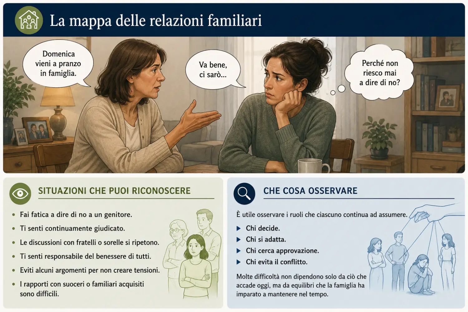 Mappa delle relazioni familiari Mappa delle relazioni familiari che rappresenta una difficoltà nel dire di no e le dinamiche relazionali che possono svilupparsi all'interno della famiglia.