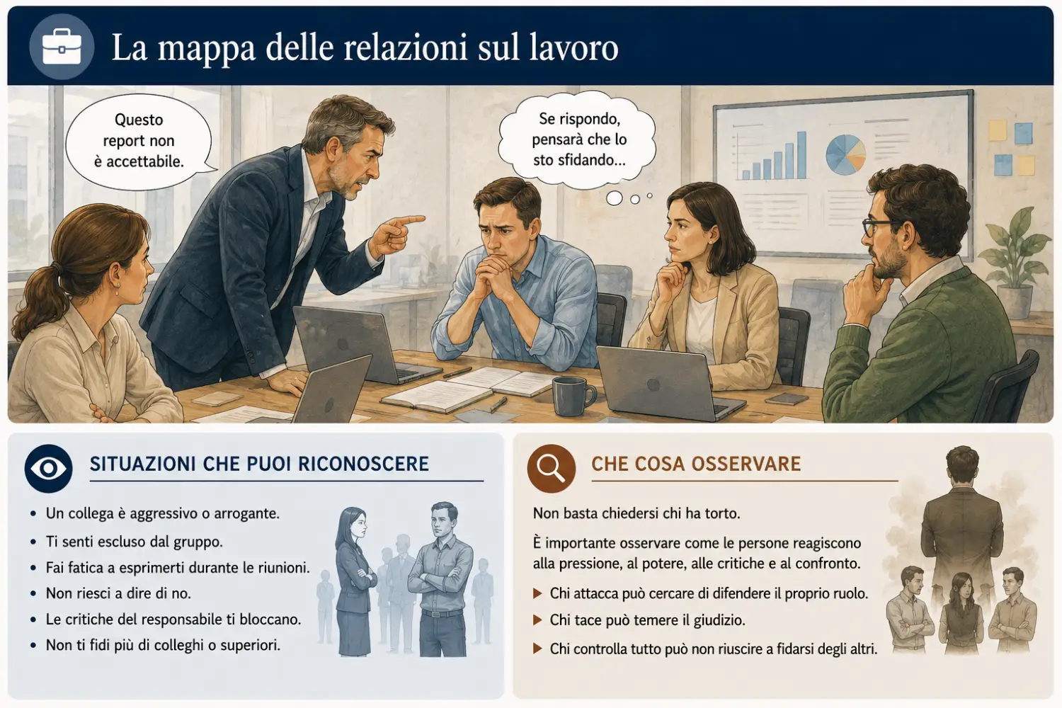 Mappa delle relazioni sul lavoro Mappa delle relazioni sul lavoro che rappresenta una riunione aziendale e le dinamiche psicologiche che influenzano la comunicazione tra colleghi e responsabili.