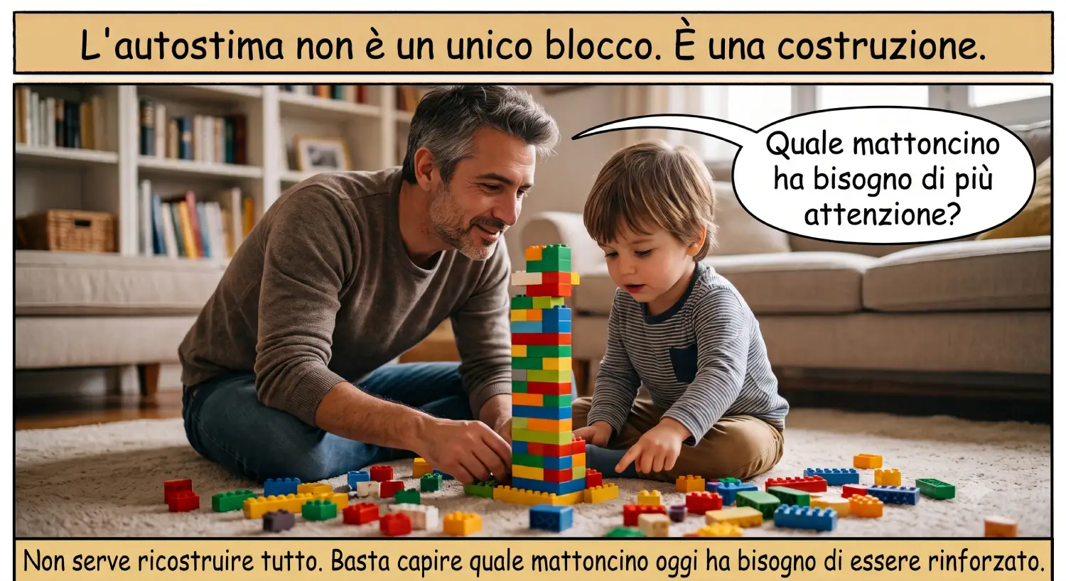 Problemi di autostima: la metafora dei mattoncini dell'autostima Problemi di autostima: la metafora dei mattoncini mostra come l'autostima si costruisce rinforzando, un passo alla volta, gli aspetti più fragili.
