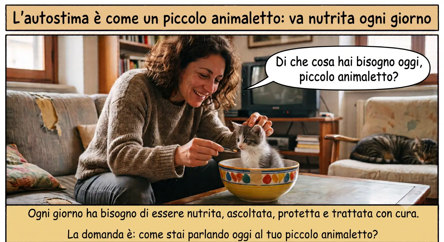 Problemi di autostima: l'autostima è come un piccolo animaletto da nutrire ogni giorno Problemi di autostima: metafora del piccolo animaletto che rappresenta il modo in cui ci prendiamo cura della nostra autostima ogni giorno.