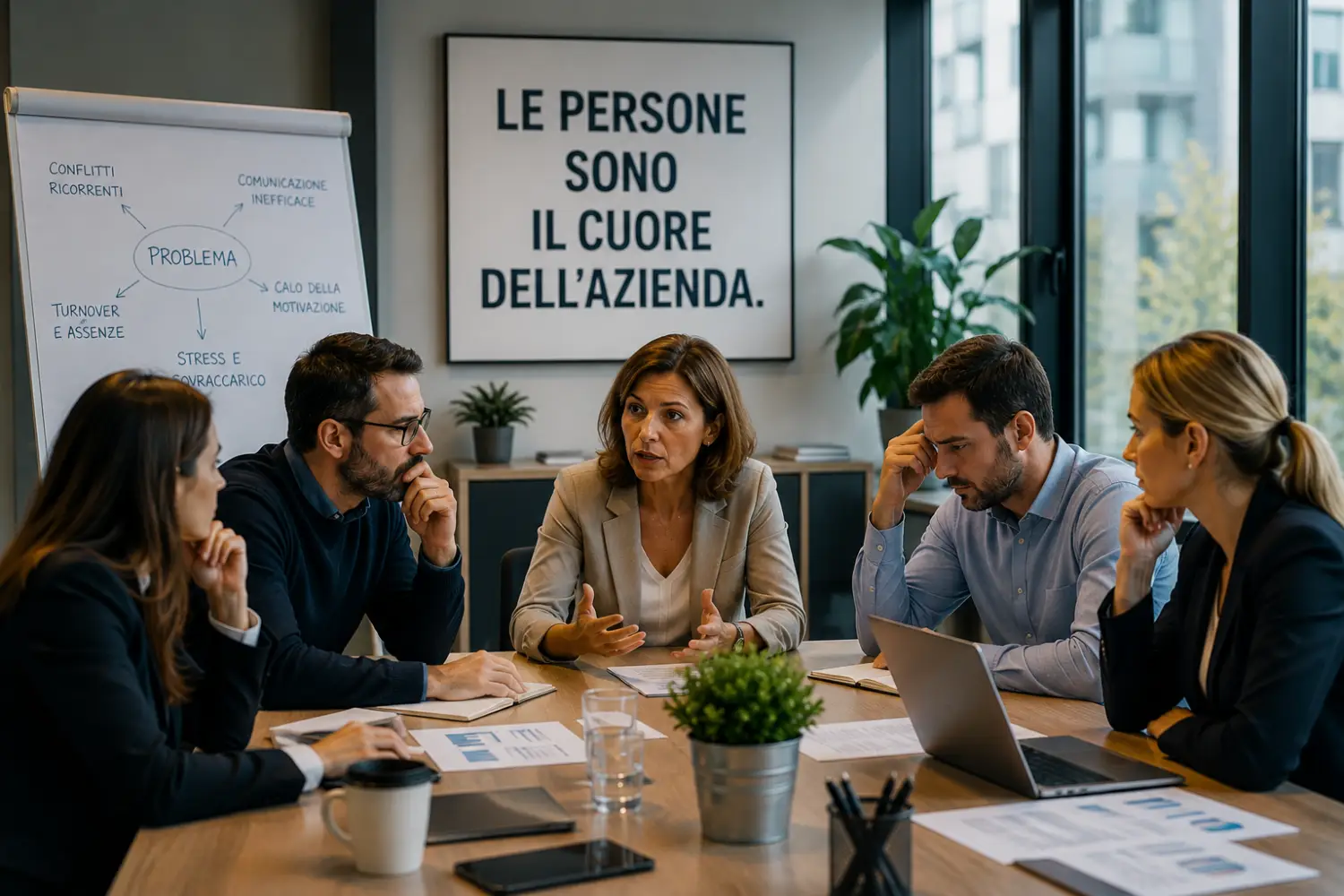 Psicologo Aziendale durante l'analisi delle dinamiche organizzative Riunione aziendale nella quale un gruppo di lavoro affronta un confronto sulle dinamiche relazionali, la comunicazione e il funzionamento dell'organizzazione.