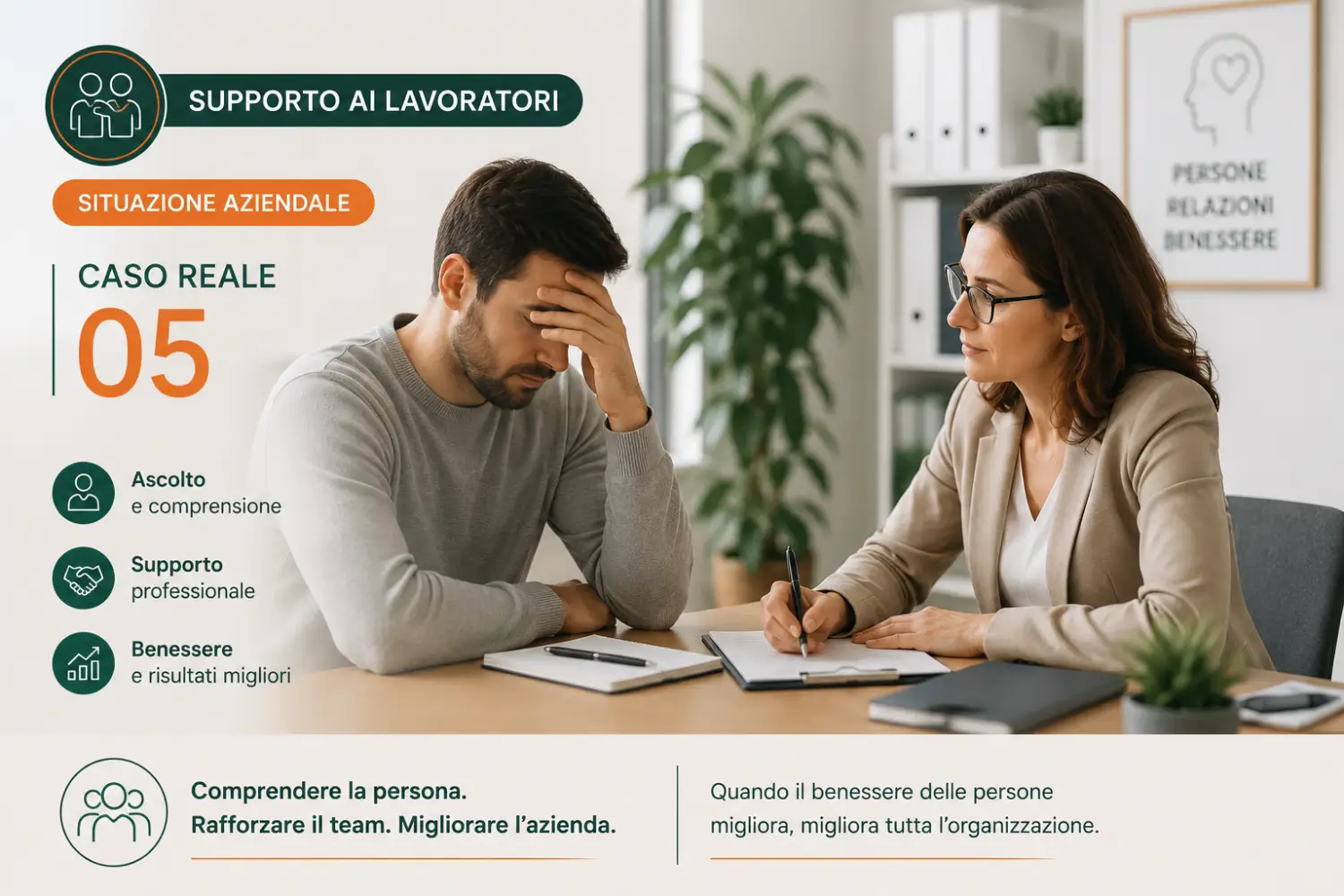Supporto ai lavoratori: situazione aziendale e caso reale Supporto ai lavoratori in azienda durante un colloquio psicologico con un collaboratore in difficoltà