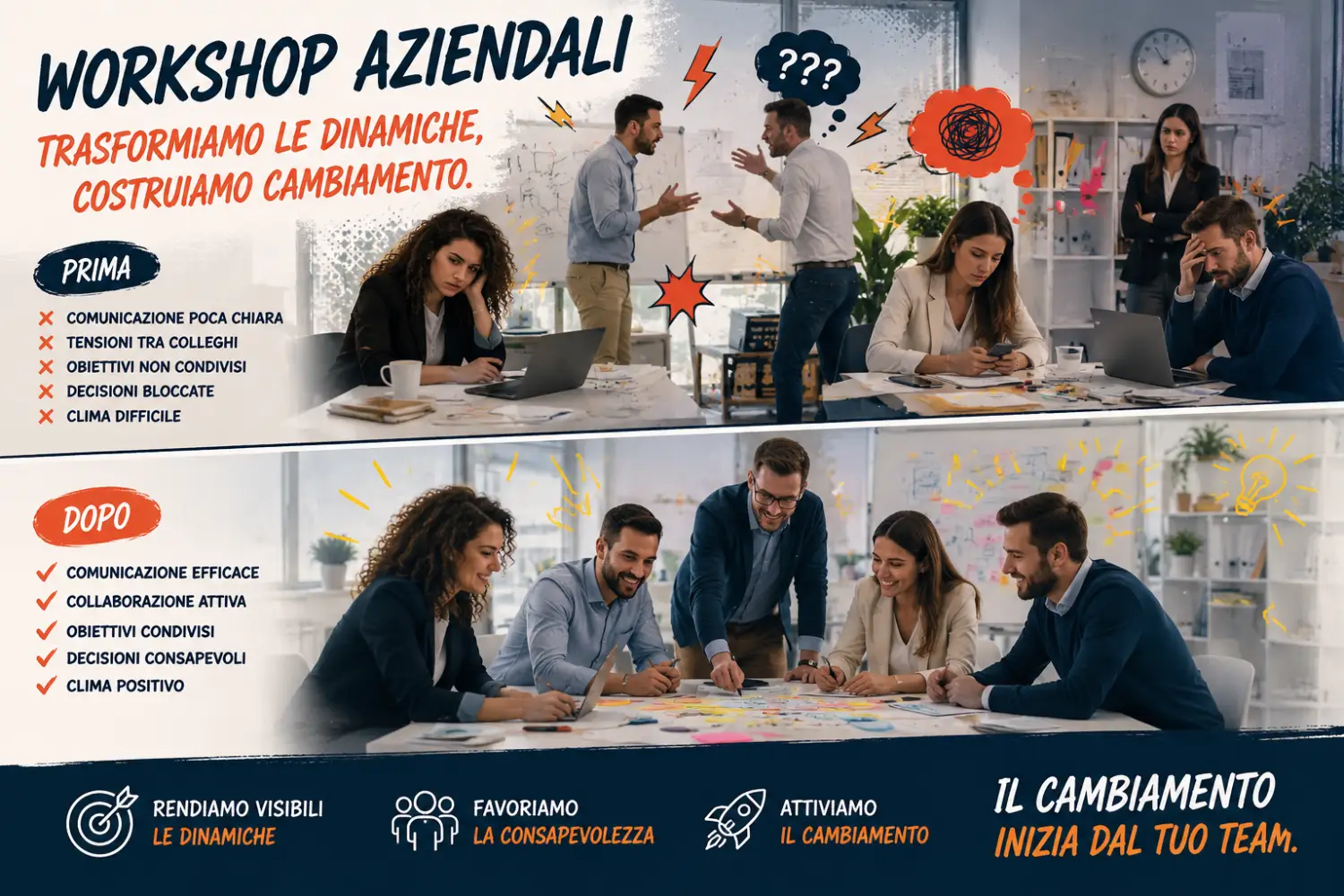 Workshop aziendali per migliorare collaborazione e cambiamento Workshop aziendale con un team che partecipa a un'attività collaborativa per comprendere le dinamiche di gruppo, migliorare la comunicazione e favorire un cambiamento organizzativo.